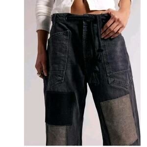 Free People We The Free Moxie Barrel Jeans 34x32 Night Hawk Low Rise Patchwork